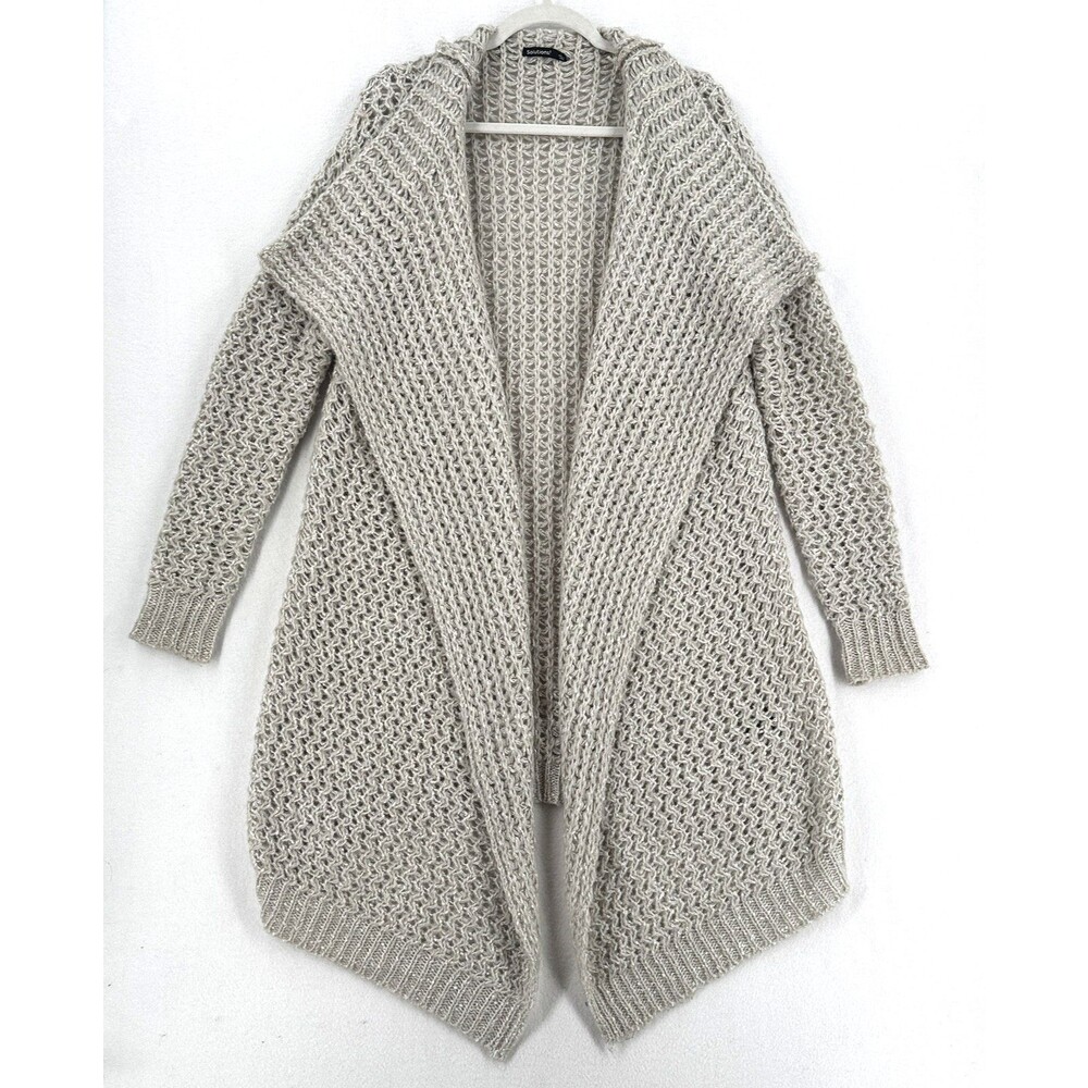 Solutions Cardigan Women L Beige Open Knit Oversized Lagenlook Asymmetrical Dust